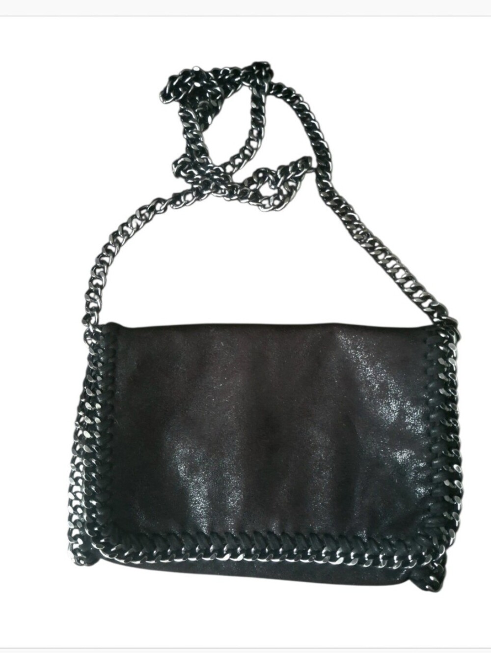 Black Shimmer With Whipstitched Gunmetal Gray Chain Crossbody Bag